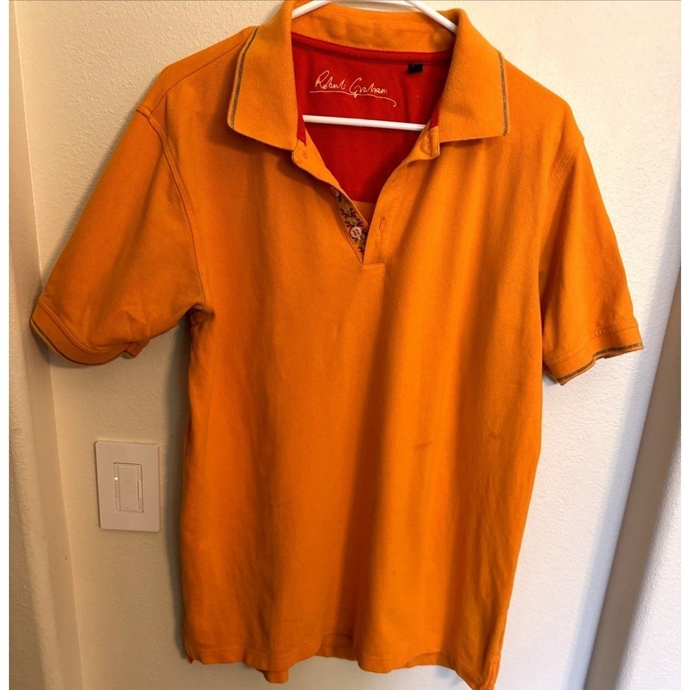 Robert Graham Mens Orange Cotton Pique Polo Shirt Embroidered Placket Size L